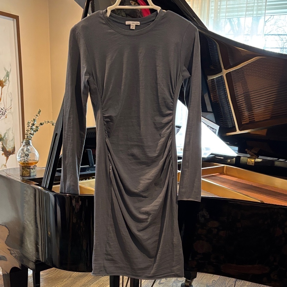 James Perse Blue Ruched Cotton Long Sleeve Dress